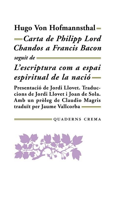 CARTA DE PHILIPP LORD CHANDOS A FRANCIS BACON | 9788477270744 | VON HOFMANNSTHAL, HUGO | Llibreria Online de Vilafranca del Penedès | Comprar llibres en català